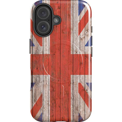 United Kingdom Flag Dark Wood iPhone 16 Plus Magsafe Impact Case